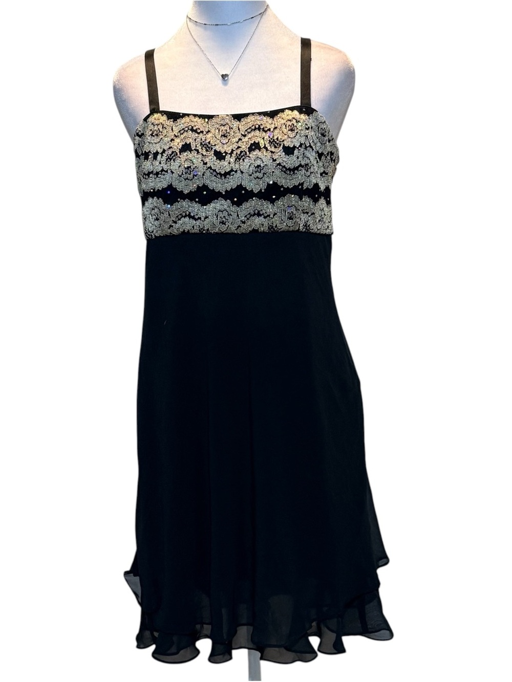 R&M Richards Vintage Gold Beaded Lace Black Mini Dress